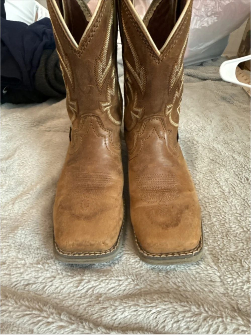 Justin Youth Cowboy Boots Square Toe Size 3.5 Camel Color Leather